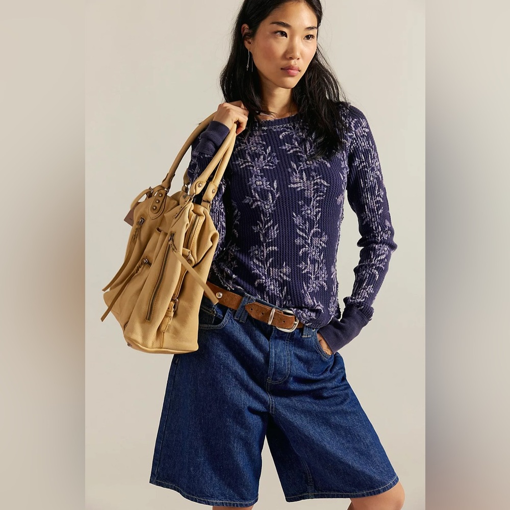 Free People Navy Blue Floral Long Sleeve Ribbed Tee
